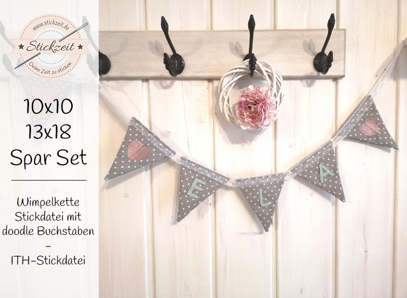 Wimpelkette mit doodle Buchstaben - ITH-Stickdatei